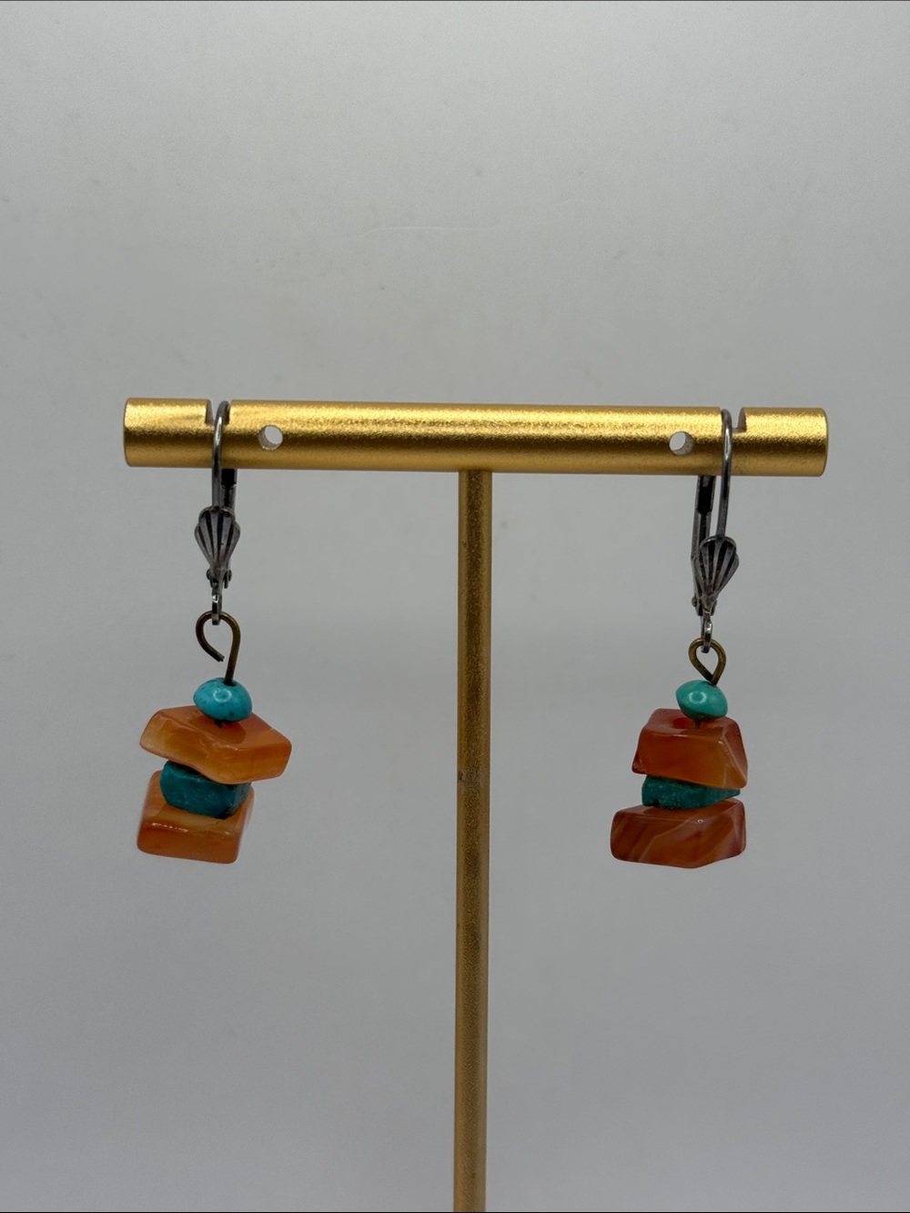 Vintage Southwestern Silver Tone Brown Turquoise Blue Beaded Dangle Earrings